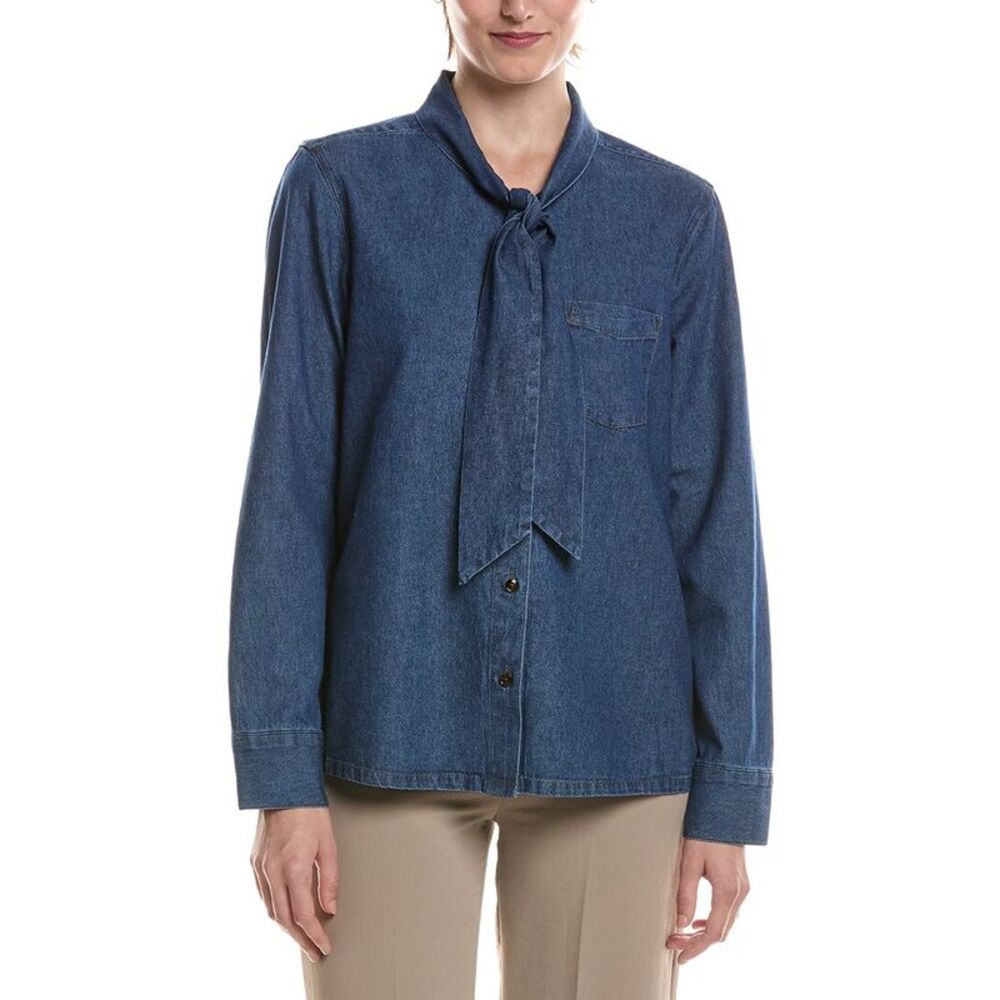 Anne Klein Womens Button Down Chambray Shirt, Blue